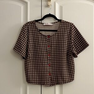 Lisa Says Gah Brown and Cream Checked Button-Down Top with Red Buttons